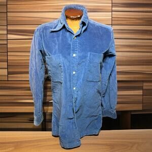 VINTAGE 70s Mens Dagger Collar Size S Shirt Blue Corduroy Workwear Trucker
